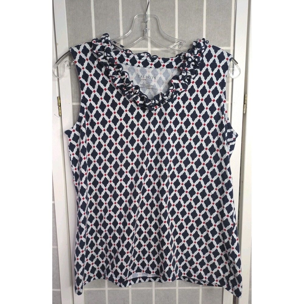 Talbots Medium Petite Top Sleeveless Argyle Ruffle Neck Americana Red White Blue